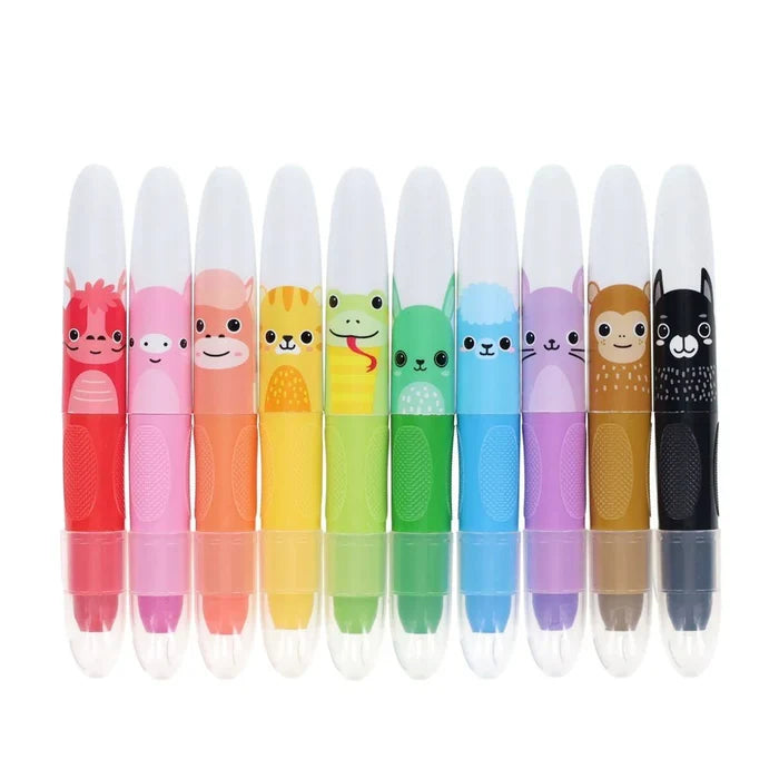 Ten colorful twistable crayons with cute cartoon animal faces, white caps, and textured grips in a rainbow arrangement.