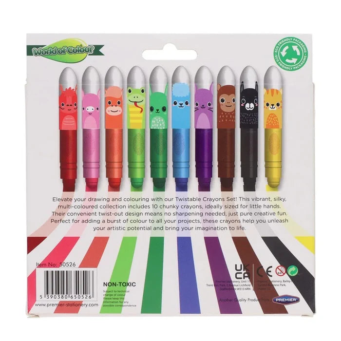 Ten chunky twistable crayons with cute animal face caps, in rainbow colors and retail display packaging.