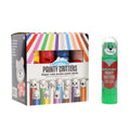 Box of 12 colorful poster paint sticks with animal faces on caps next to an individual green bear-themed paint stick.