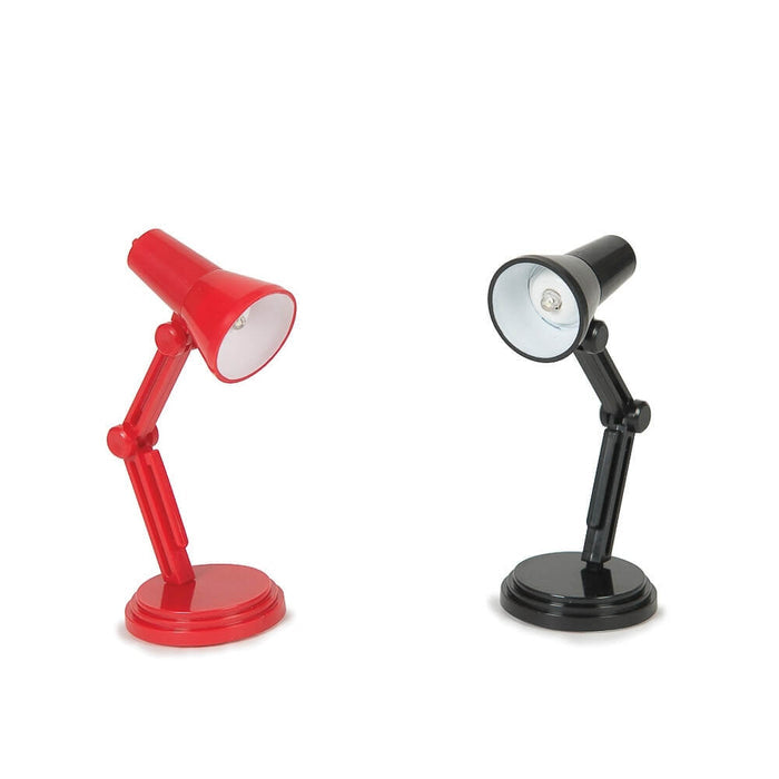 Tiny red and black adjustable desk lamps with round bases and white interior light shades on a white background.