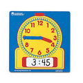 Square blue teaching clock with a yellow analog face and digital display window, both showing the time 3:45.