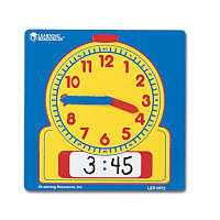 Square blue teaching clock with a yellow analog face and digital display window, both showing the time 3:45.