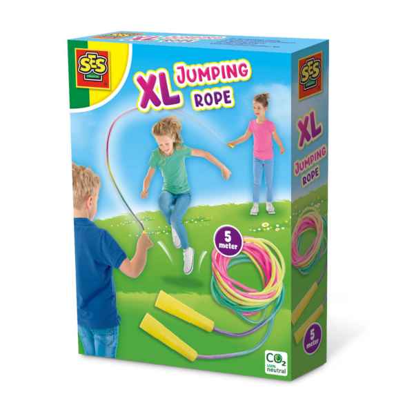 SES box for a 5-meter rainbow jumping rope with yellow handles, showing kids playing on a grassy field.