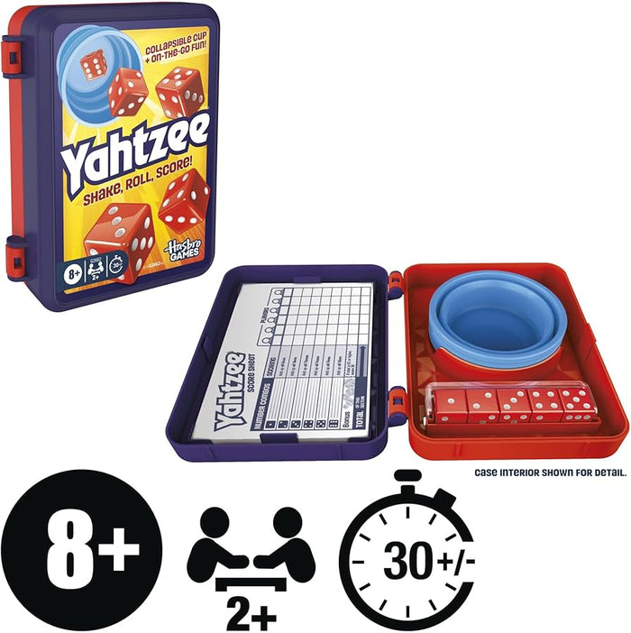 Yahtzee travel game set showing a purple storage case, red dice, score pads, and a blue collapsible silicone cup.