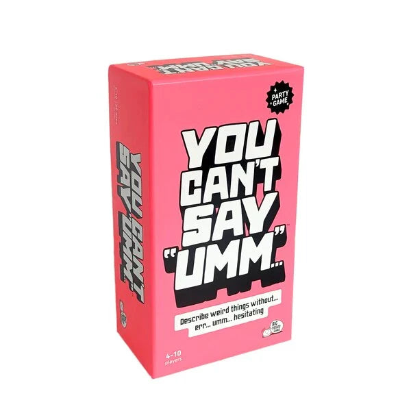 Bright pink rectangular box with bold black and white shadowed block letters for You Can't Say Umm party game.