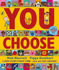 Bright yellow front cover of You Choose book by Nick Sharratt with red title and small cartoon illustrations.