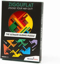 Black box for Zigguflat sliding puzzle featuring a circular window with colorful zigzag plastic pieces and difficulty stars.