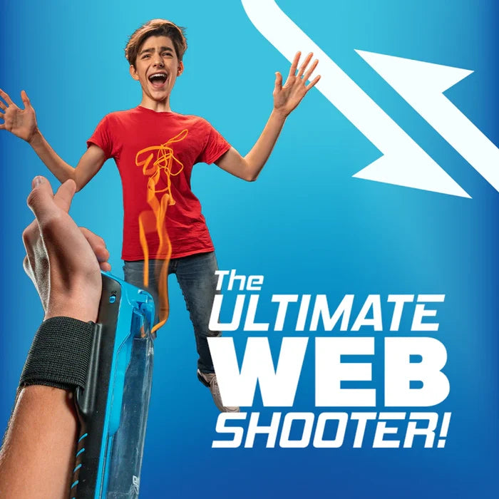 Blue wrist-mounted toy shooting a loop of glowing orange string at a cheering boy. Text: The ULTIMATE WEB SHOOTER!