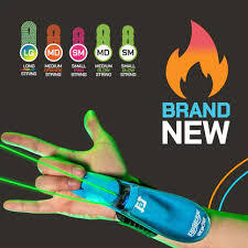 Blue wrist-mounted toy shooting neon green glowing string, with colorful string size icons and Brand New flame logo.