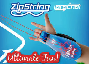 Blue translucent wrist-mounted toy shooting red string loops. Hand makes a web-slinging pose on a blue background.