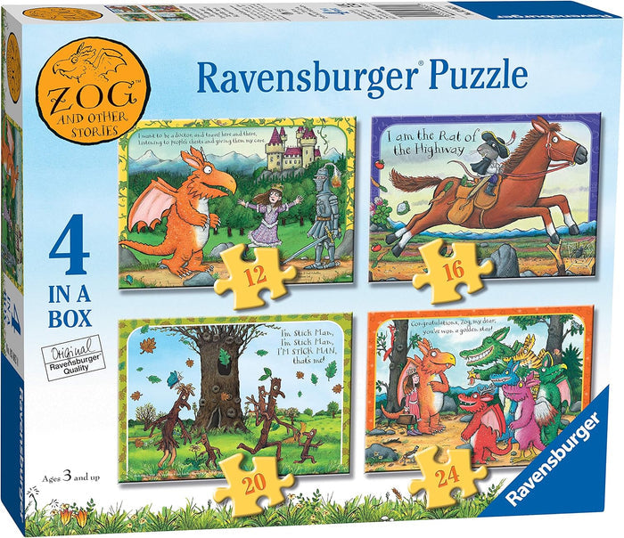 Ravensburger box with four colorful puzzles of Zog, Stick Man, and the Highway Rat, with 12, 16, 20, and 24 pieces.