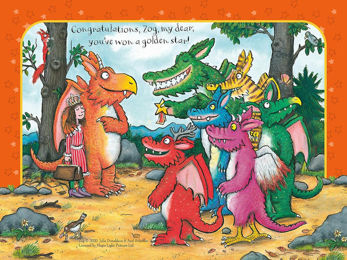 Orange dragon Zog and friends gather in a forest with a princess to celebrate winning a golden star.
