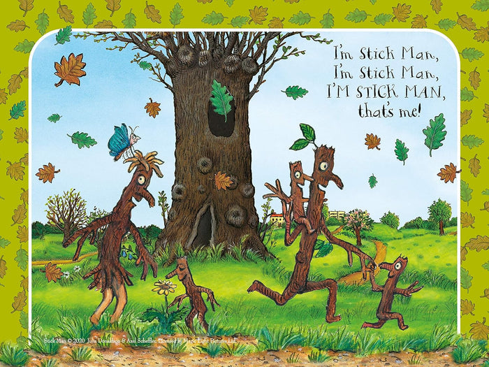 Stick Man and family running through a field near a large oak tree with text: I'm Stick Man, I'm Stick Man, that's me!
