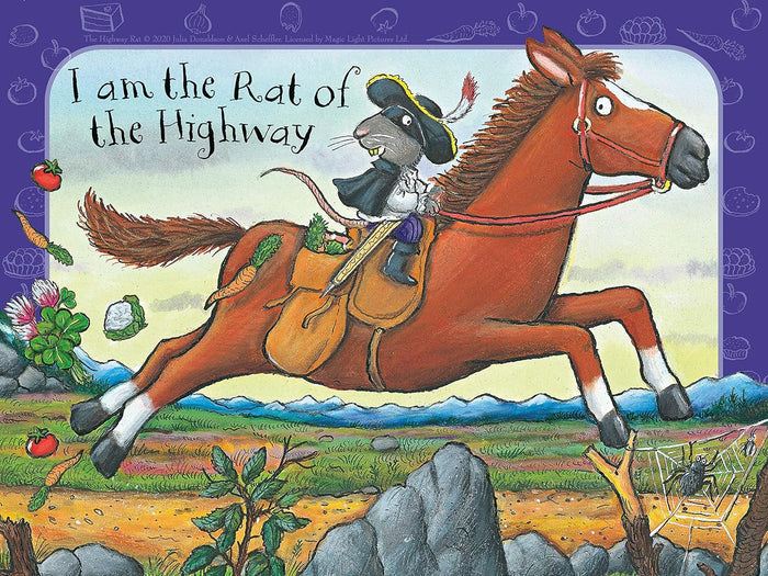 A rat in a highwayman outfit rides a galloping brown horse over a field. Text: I am the Rat of the Highway.