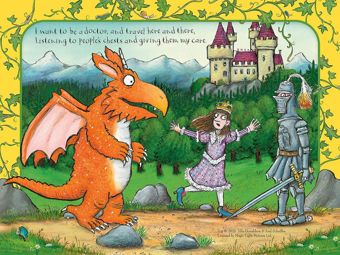 Illustration of orange dragon Zog, a princess, and a knight in armor standing before a castle and snowy mountains.